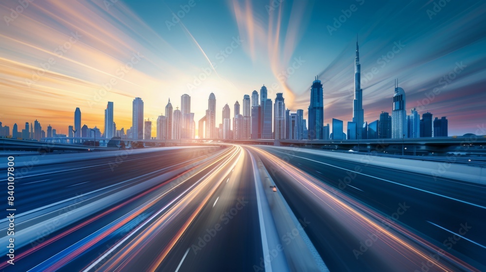 Time-lapse photography of modern futuristic cityscape and highway, lights, road, city Time-lapse photography of modern futuristic cityscape and highway, lights, road, city