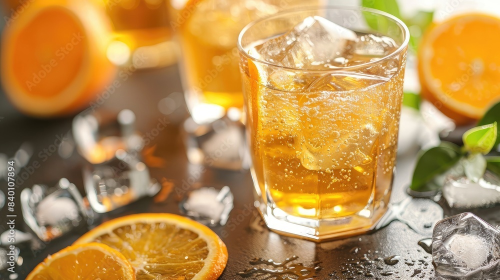 a close up of a drink in a glass with ice and orange slices on a table a close up of a drink in a glass with ice and orange slices on a table