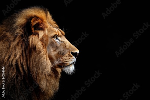 Face portrait of a lion on a black background. The face of a lion is detailed. High-quality portrait of a lion.