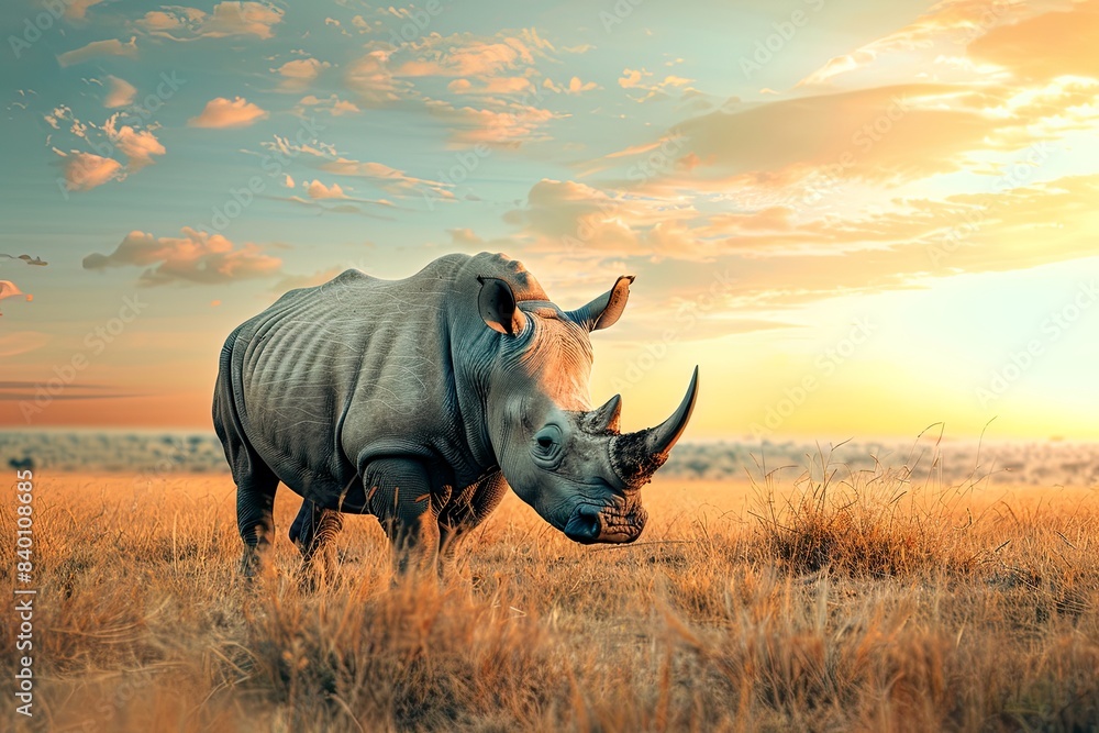 Fototapeta premium Rhinoceros in Grassland at Sunset