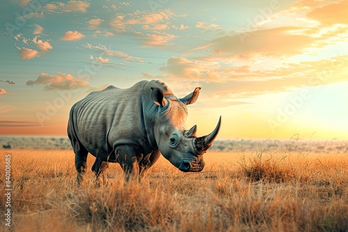 Rhinoceros in Grassland at Sunset