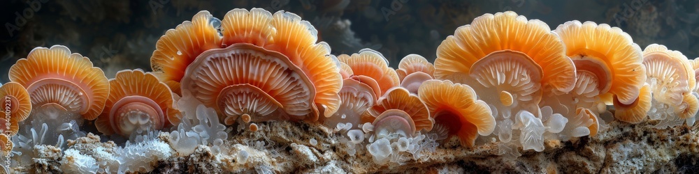 A variety of mushrooms are flourishing on a large rock A variety of mushrooms are flourishing on a large rock