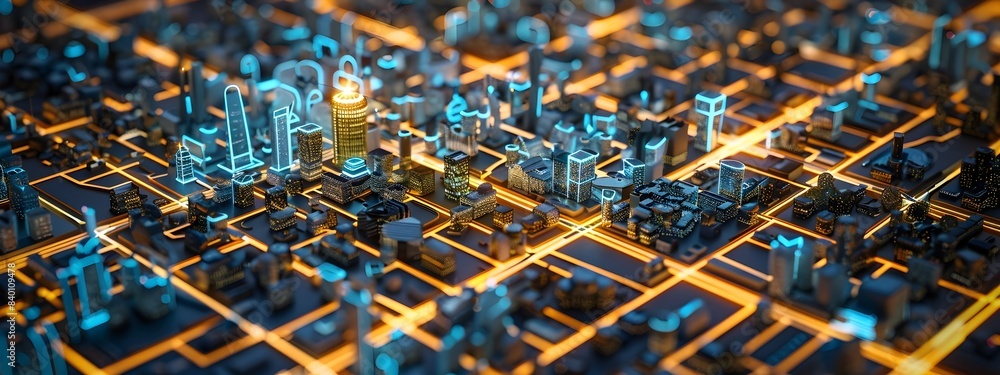 Obraz premium 3D Rendered Abstract Smart City Map with Highlighted Urban Infrastructure