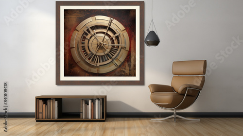 A framed clock with a circular design is hanging on the wall