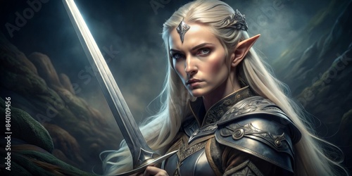 Portrait of an elegant elf warrior holding a sword, fantasy, creature, mythical, warrior, magical, forest, medieval, elfin photo
