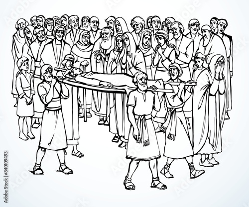 Vector drawing. Funeral of the son of a widow