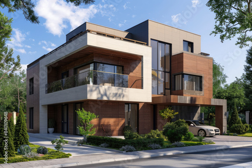 Modern two-story villa with wooden elements, beige and brown color scheme. Created with Ai