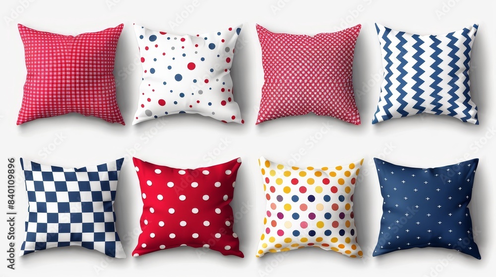 Decorative cotton cushion set with rhombuses and triangles, dots and zigzag, striped pad front view, isolated on transparent background. Decorative cotton cushion set with rhombuses and triangles, dots and zigzag, striped pad front view, isolated on transparent background.