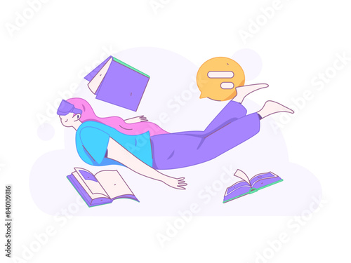 World Book Day Reading Character Flat Vector Concept Operation Hand Drawn Illustration
