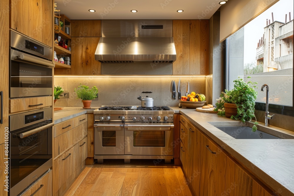 Fototapeta premium Minimalist Kitchen with Wooden Cabinets, Kitchen with wooden cabinets and integrated appliances