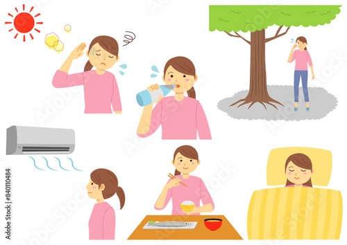 熱中症対策をする女性のイラストのセット
