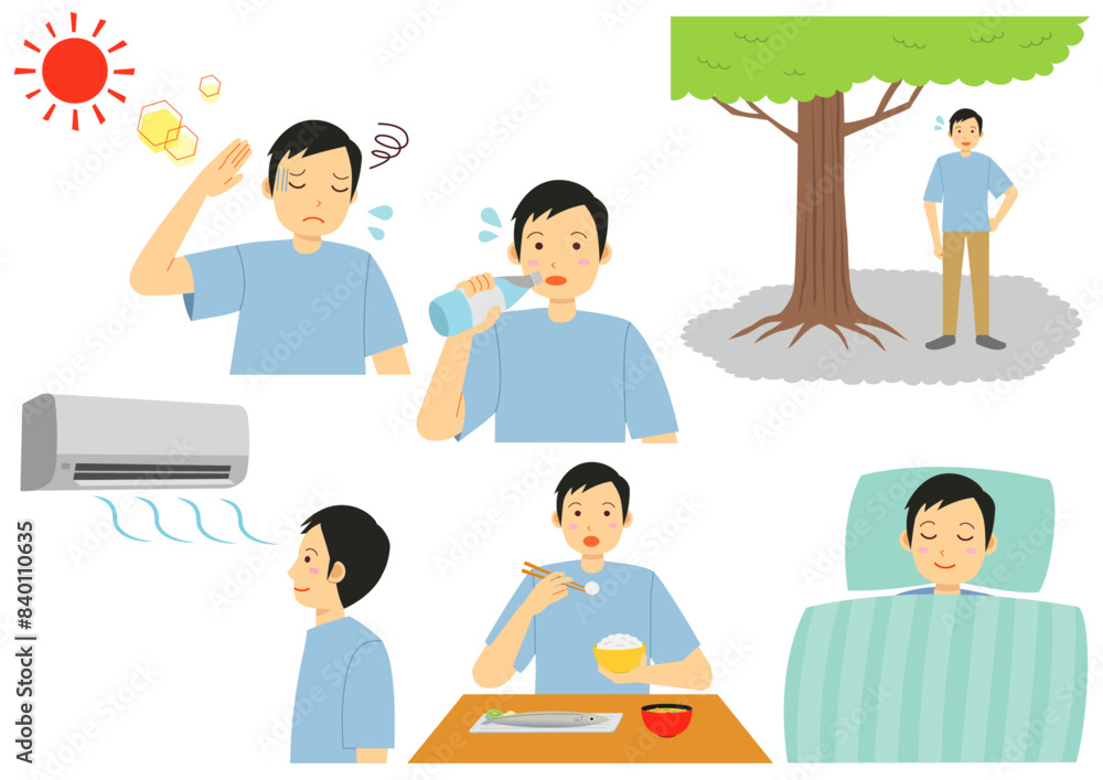 熱中症対策をする男性のイラストのセット
