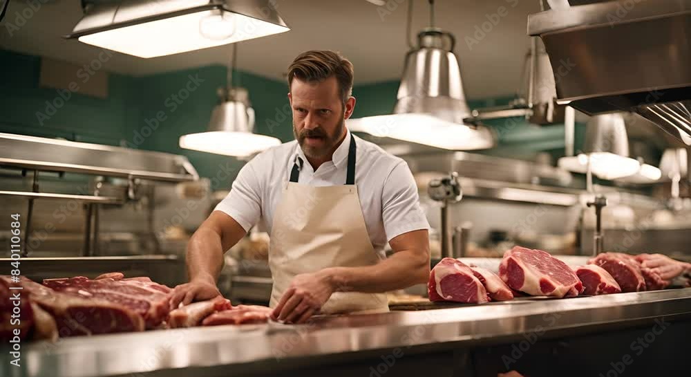 Worker in a butcher shop. Worker in a butcher shop.