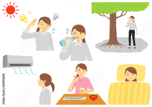 熱中症対策をするスーツの女性のイラストのセット
