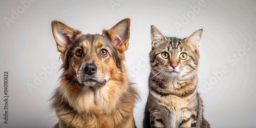 Two domestic pets  a dog and cat  sitting together for a portrait  pet portrait  animal photography  cute  furry friends  domestic animals  sitting together  canine  feline  companionship