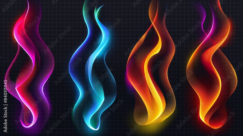 A set of multicolored gradient brush strokes isolated on transparent background. A modern realistic illustration of abstract colorful spots, blurry rainbow ink splashes, and holographic effects A set of multicolored gradient brush strokes isolated on transparent background. A modern realistic illustration of abstract colorful spots, blurry rainbow ink splashes, and holographic effects