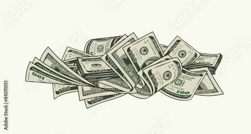 Heap of folded 100 dollar banknotes, bills. Pile of cash money. Color isolated vector illustration in vintage style.