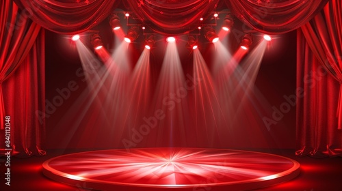 An image of a closed blue theater curtain with a spotlight on stage. A realistic modern background of a fabric waved drapery on a velvet background with a light on this picture.