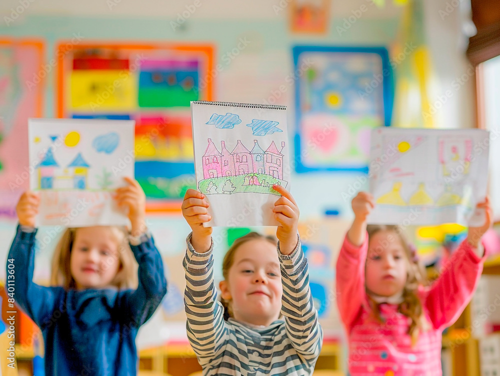 Fototapeta premium three children holding a paper with a drawing of a house in a school classroom