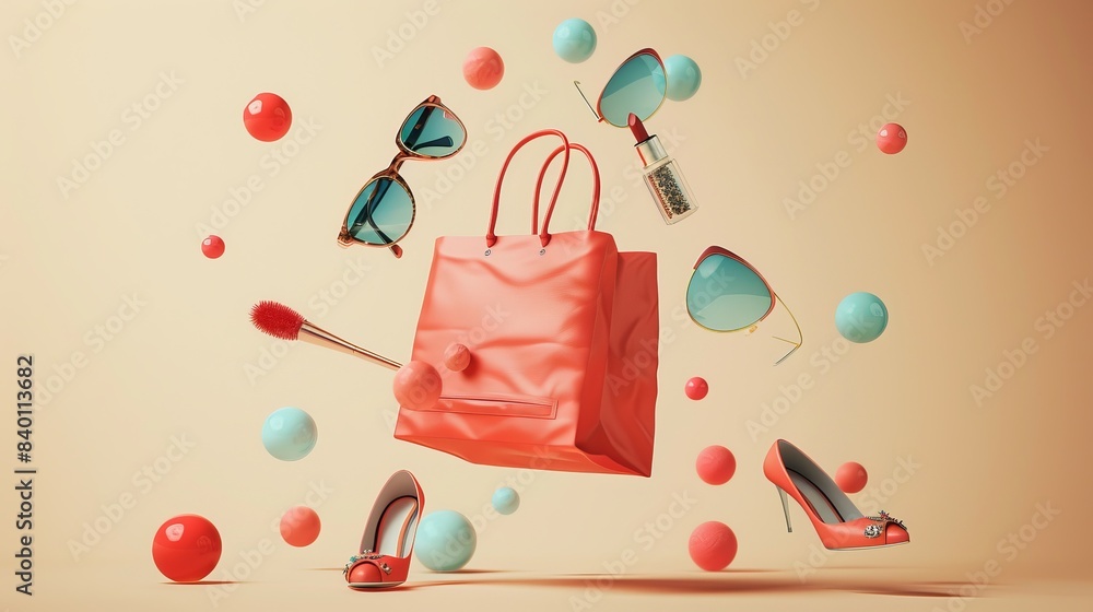 Casual accessories and shopping bag falling on beige background, including sunglasses, shoes, lipstick. Casual accessories and shopping bag falling on beige background, including sunglasses, shoes, lipstick.