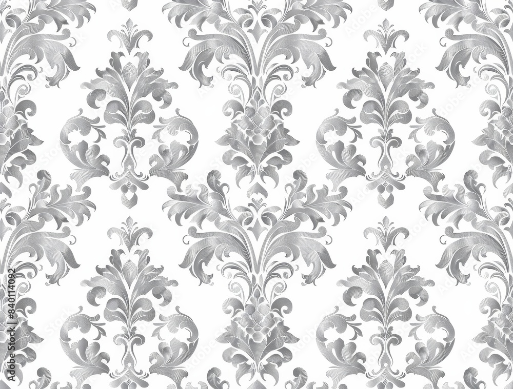 Decorative wallpaper, retro baroque flowers on a damask background in white Decorative wallpaper, retro baroque flowers on a damask background in white