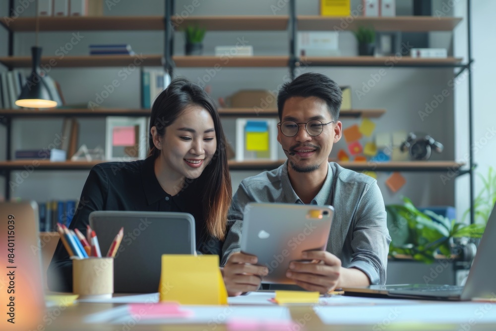 Two people viewing tablet in room Two people viewing tablet in room
