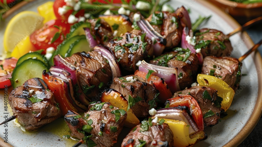 Indulge in the delightful and wholesome Grilled Lamb Skewers with Salad during your weekend family get-together. Generative AI. Indulge in the delightful and wholesome Grilled Lamb Skewers with Salad during your weekend family get-together. Generative AI.