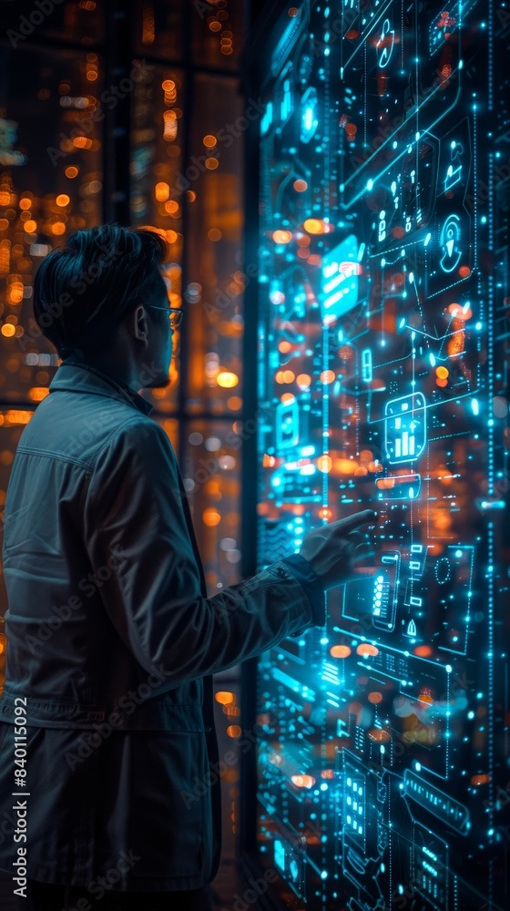Man looks at futuristic screen with city in background Man looks at futuristic screen with city in background
