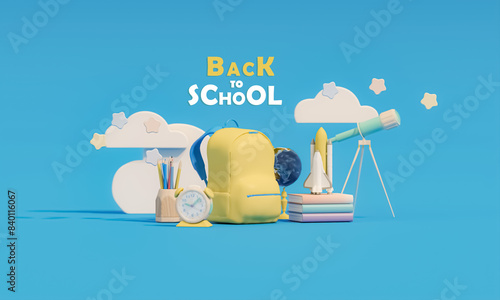 Back to school on pastel background. Ready for school concept background with rocket, backpack, books, alarm clock, telescope and accessory school 3D Render