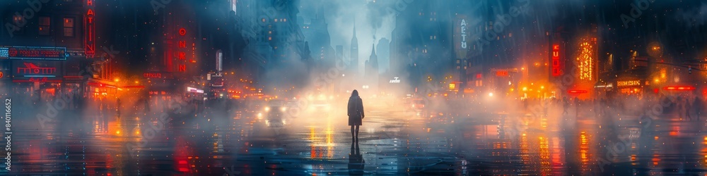 Person standing in rain in front of city at night under cloudy sky Person standing in rain in front of city at night under cloudy sky