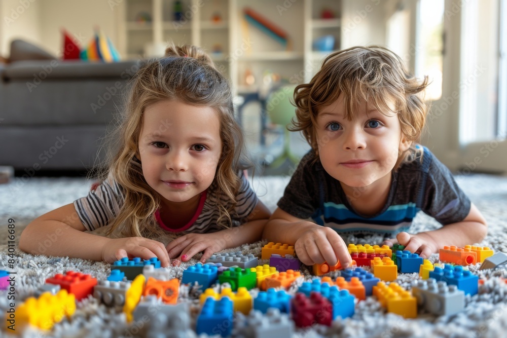Two kids on floor, building with Two kids on floor, building with