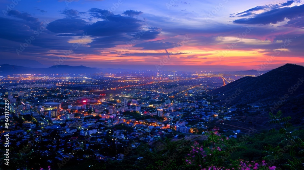 Fototapeta premium Cityscape panorama at sunset from a mountain viewpoint