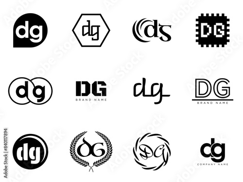 DG logo company template. Letter d and g logotype. Set different classic serif lettering and modern bold text with design elements. Initial font typography.