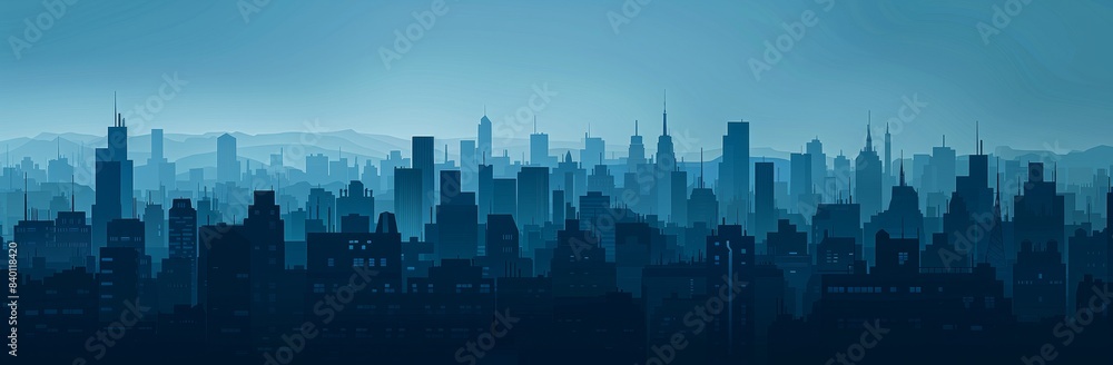 Different houses in a blue cartoon city panorama Different houses in a blue cartoon city panorama