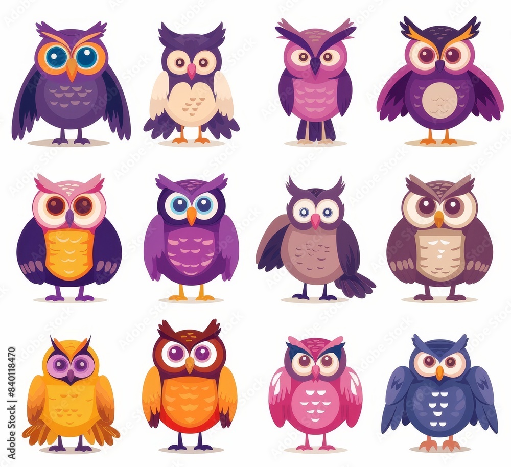 Illustration of cartoon funny owls on a white background. Bright and joyful birds. Illustration of cartoon funny owls on a white background. Bright and joyful birds.