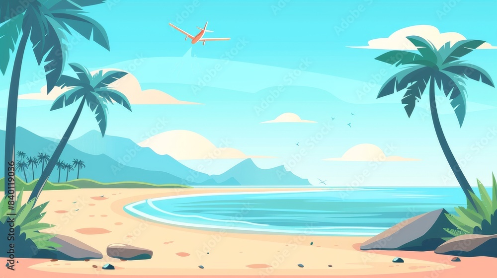 A modern cartoon illustration of a summer beach backdrop. Sandy seashore, sea coast with palm trees and vocation seaside travel modern background. A modern cartoon illustration of a summer beach backdrop. Sandy seashore, sea coast with palm trees and vocation seaside travel modern background.