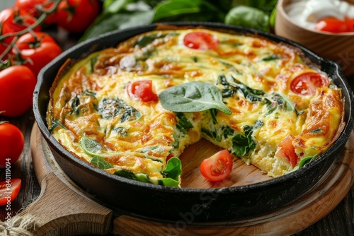 Savory vegetable frittata with tomatoes and herbs, perfect for a healthy and delicious meal, showcasing vibrant and fresh flavors