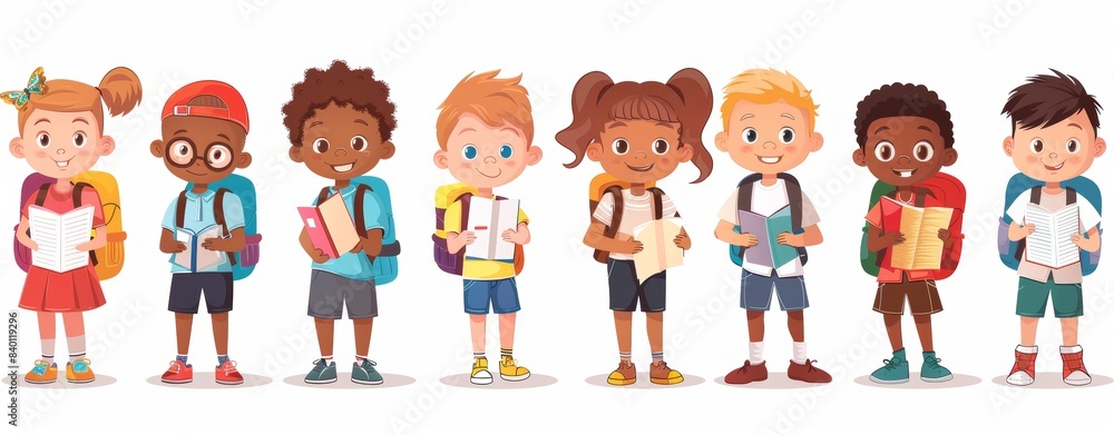 A set of smiling school children with backpacks and books isolated on a white background. Multiethnic cute kids. A set of smiling school children with backpacks and books isolated on a white background. Multiethnic cute kids.