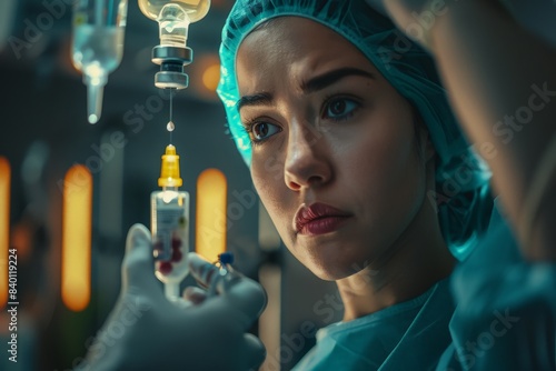 Female anesthesiologist injecting drugs through IV drip before surgical procedure in the hospital photo