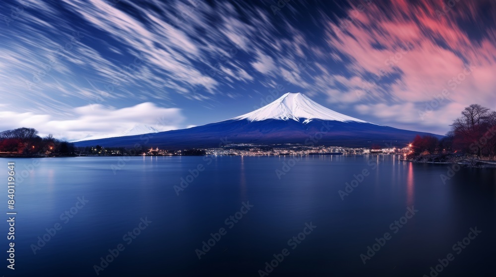 Mount Fuji at dusk with a clear view of the iconic peak Mount Fuji at dusk with a clear view of the iconic peak