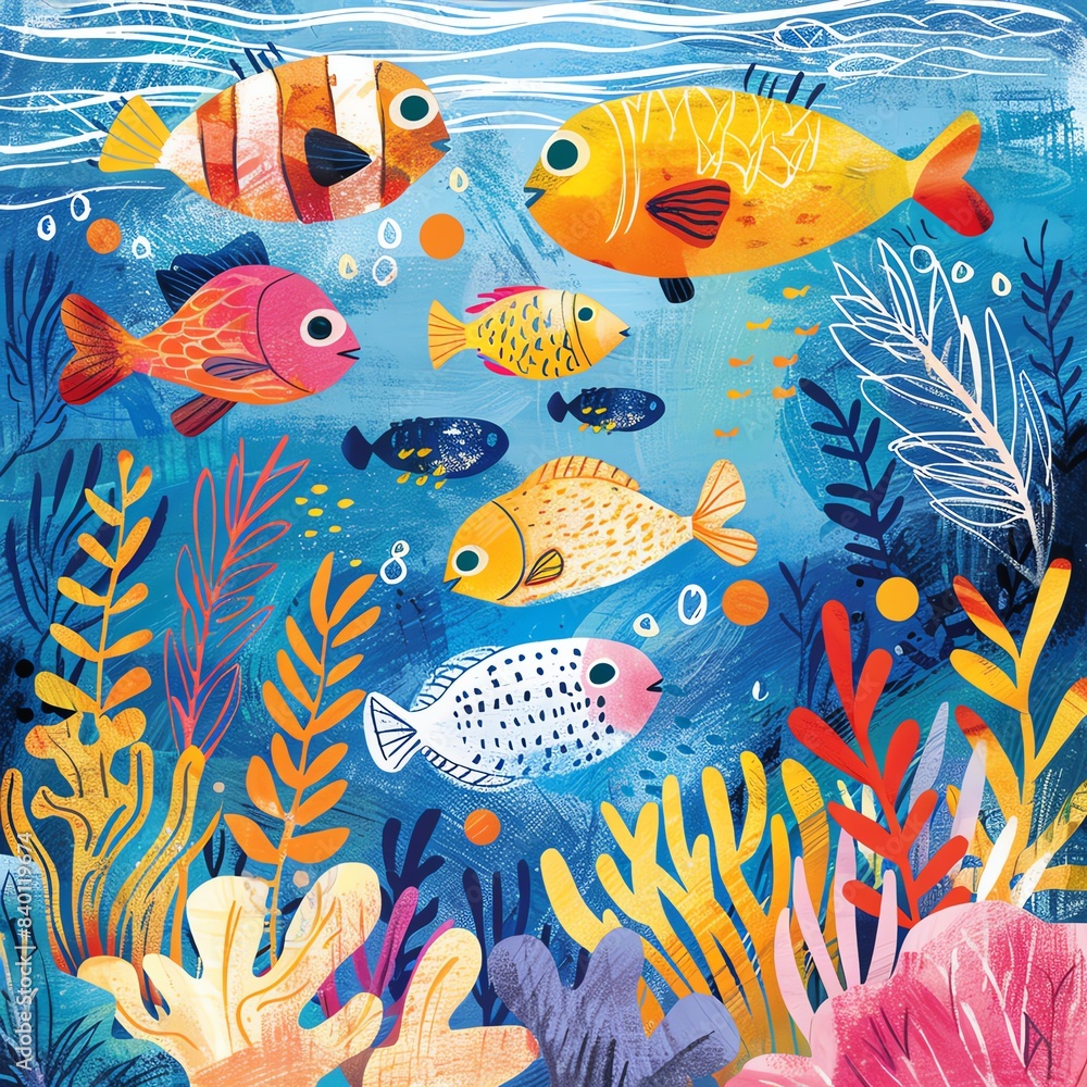 Naklejka premium Colorful fish swimming in a vibrant underwater scene.