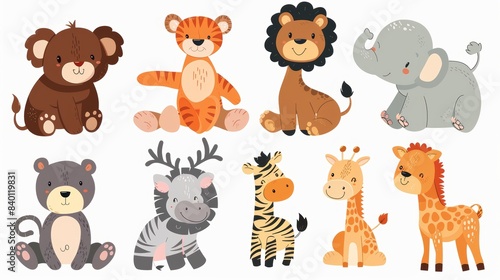 Animals include a giraffe, elephant, tiger, bear, hippo, monkey, lion, deer, zebra, and fox in this modern illustration.