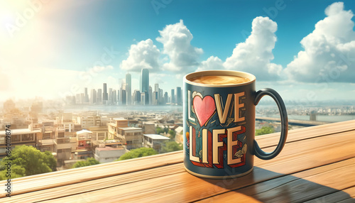 A coffee mug with the phrase "love life" on it, placed on a balcony with a panoramic city view. on a sunny day.