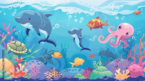 Animal cartoons underwater. Modern illustration of sea life.