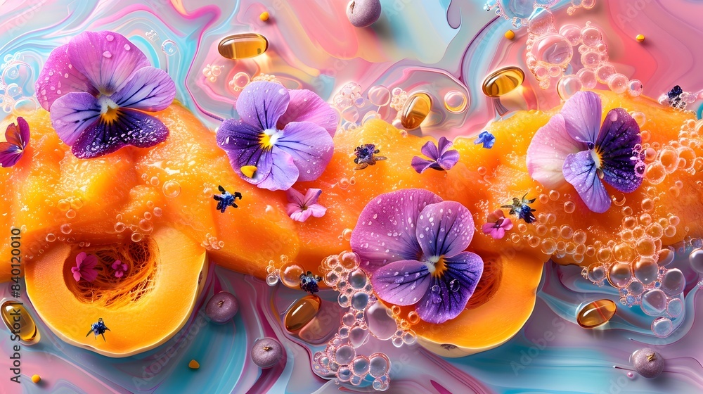 Regency Butternut Squash Slice with Pansy and Creatine Capsules in Retro-Futuristic Design Regency Butternut Squash Slice with Pansy and Creatine Capsules in Retro-Futuristic Design