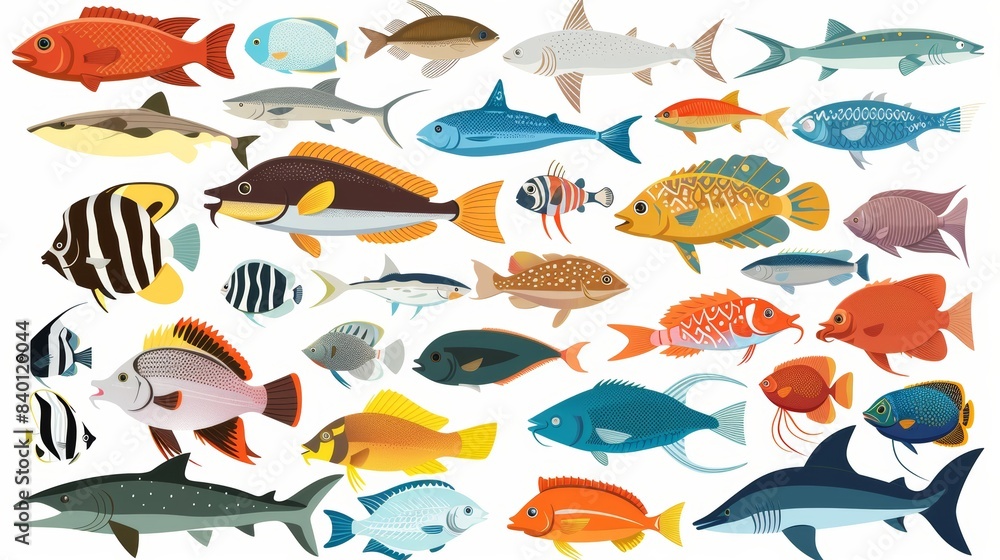 The set of fish is an isolated cartoon on a white background. The illustration is in modern format. The set of fish is an isolated cartoon on a white background. The illustration is in modern format.
