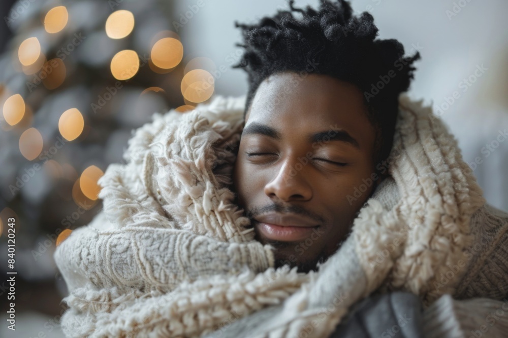 Man covered blanket eyes closed Man covered blanket eyes closed