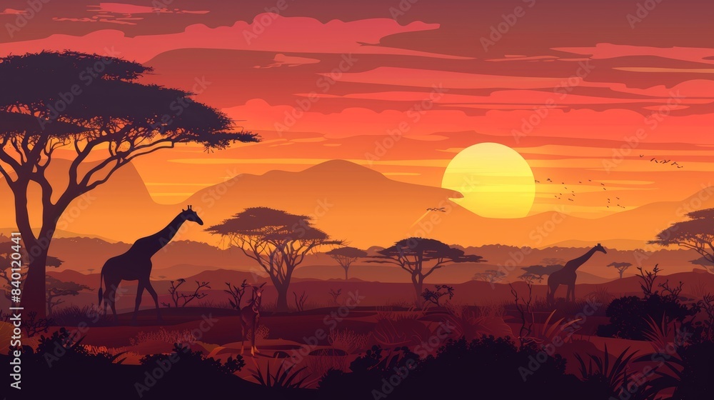 Giraffe family at sunset on the African savannah. Silhouettes of animals and plants. Realistic modern landscape. African reserves. Giraffe family at sunset on the African savannah. Silhouettes of animals and plants. Realistic modern landscape. African reserves.