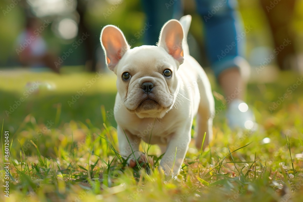 Owner and her French bulldog puppy is having fun while walking in dog park at grass lawn after having morning exercise during summer Owner and her French bulldog puppy is having fun while walking in dog park at grass lawn after having morning exercise during summer