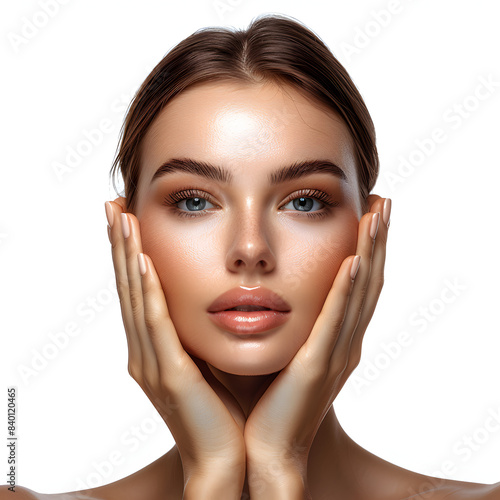 beautiful young woman with clean fresh skin touch own face. facial  treatment. skin care. cosmetology, beauty and spa isolated on white background, photo, png © Anton